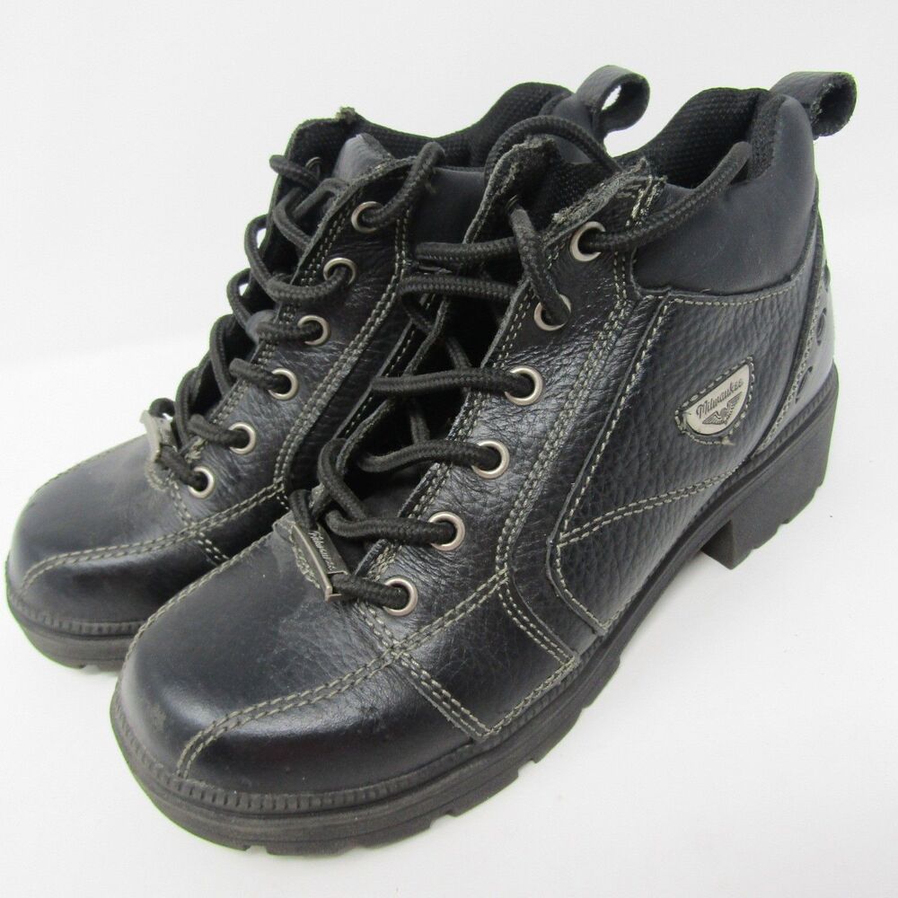 Milwaukee Women's Black Leather Motorcycle Ankle Boots Size 7.5 US Lace Up